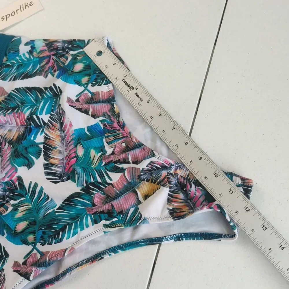 Sporlike‎ one piece swimsuit with V-neck cross back blue color palm designs sz M